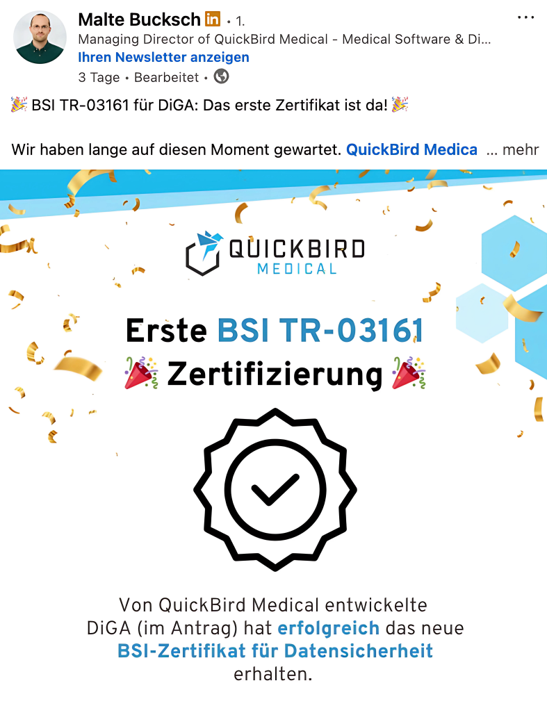 LinkedIn-Post Malte Bucksch BSI-Zertifikat TR 03161