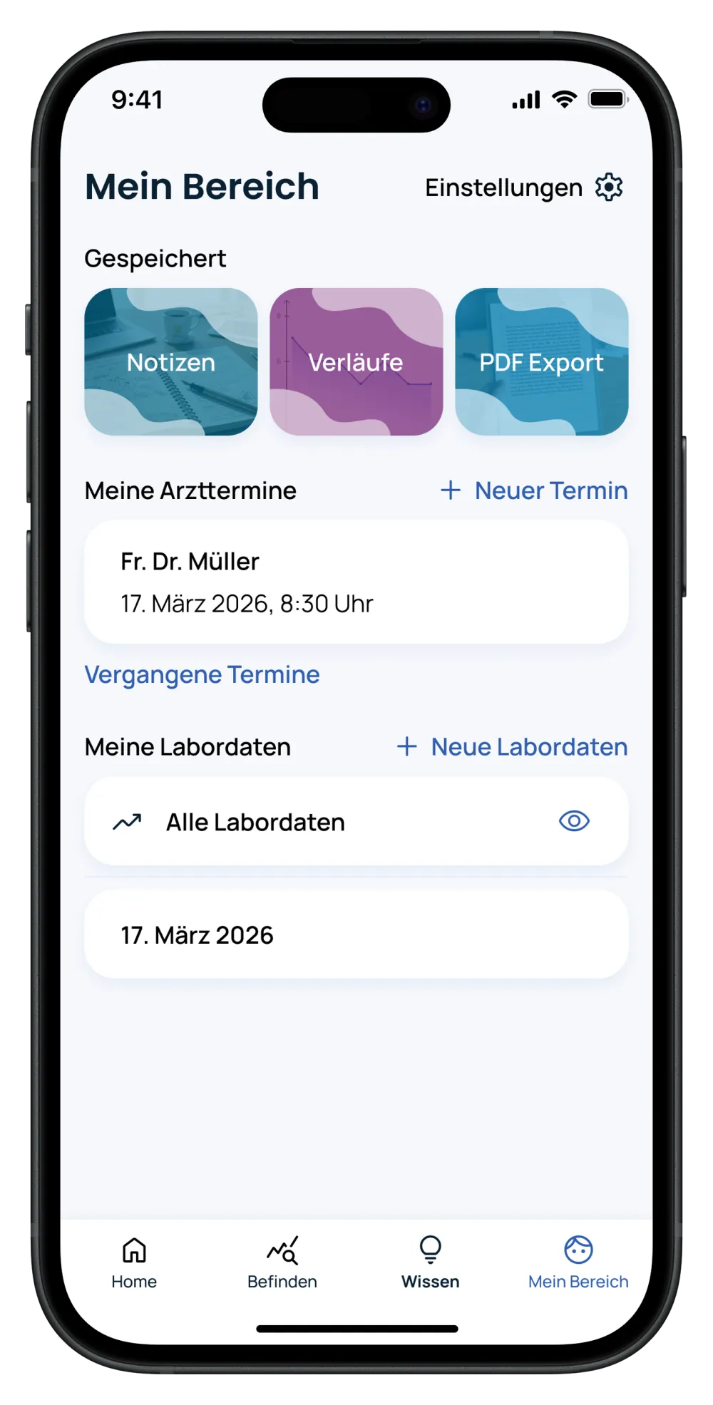 PBC-Begleiter App: Mein Bereich mit Arztterminen und Labordaten PBC-Begleiter App: Mein Bereich mit Arztterminen und Labordaten