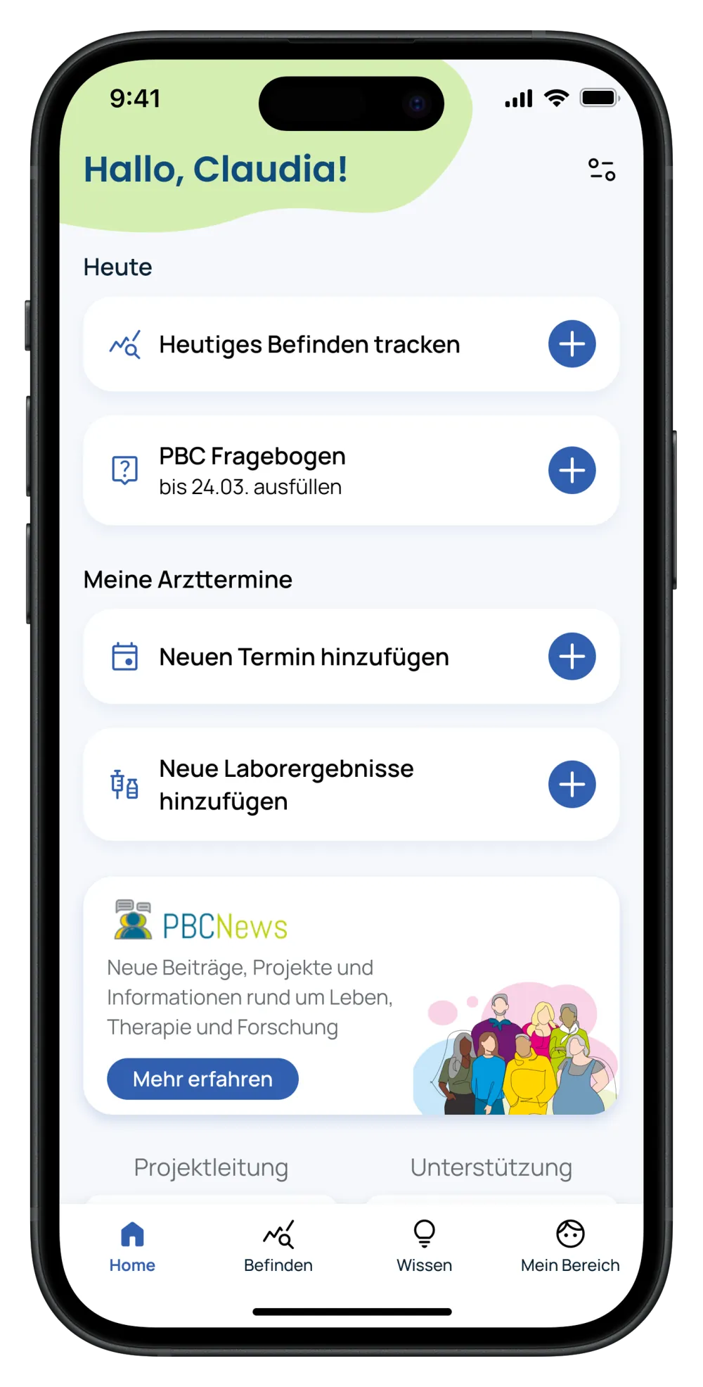 PBC-Begleiter App: Startseite mit Tagesübersicht PBC-Begleiter App: Startseite mit Tagesübersicht