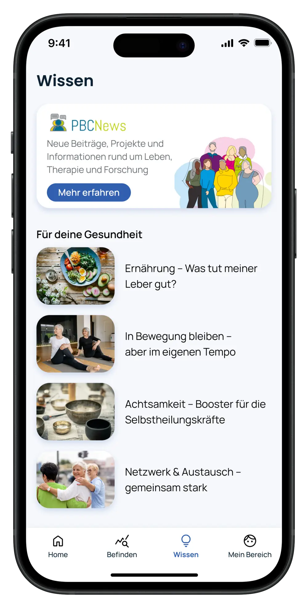 PBC-Begleiter App: Wissensbereich mit Gesundheitsthemen PBC-Begleiter App: Wissensbereich mit Gesundheitsthemen